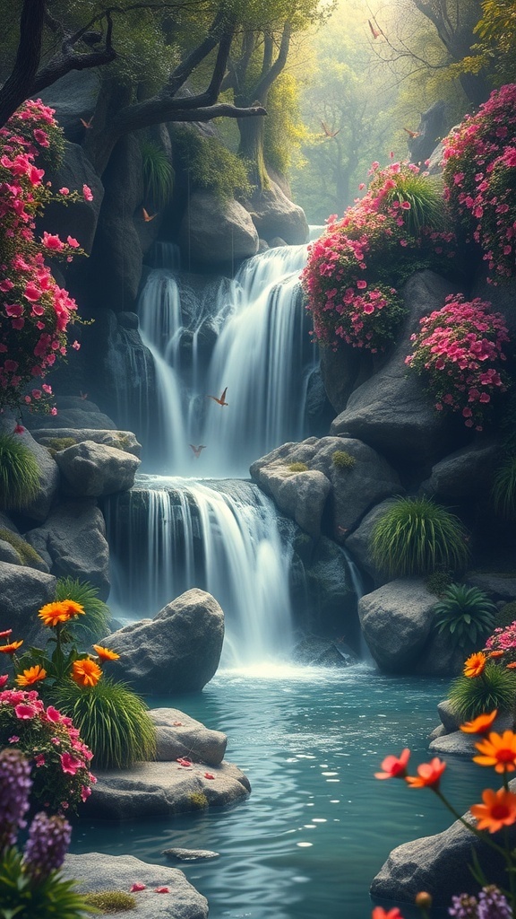 A serene waterfall surrounded by colorful flowers and lush greenery, creating a mystical oasis.