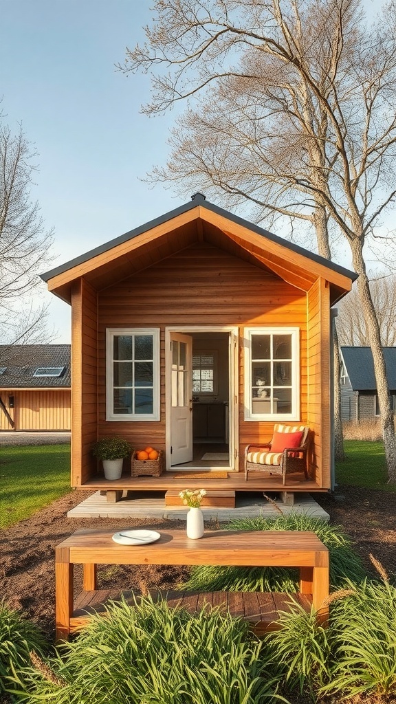 Ein gemütliches Tiny House aus Holz mit einem kleinen Tisch im Freien, umgeben von Bäumen und Gras.