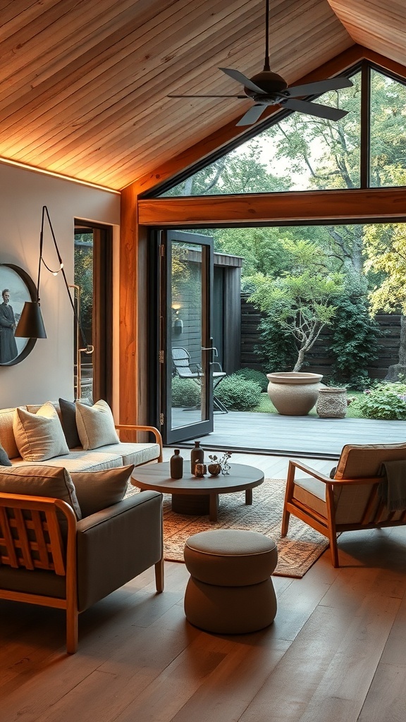Ein moderner Wohnraum mit großen Fenstern, warmen Holztönen und Pflanzen im Garten.