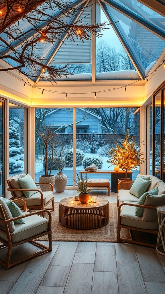 Gemütlicher Wintergarten mit nachhaltiger Beleuchtung und Blick auf verschneite Landschaft