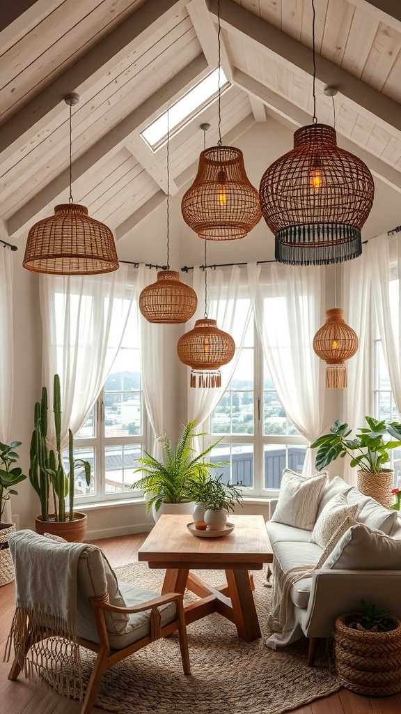 Ein gemütliches Wohnzimmer mit Rattan-Hängeleuchten, Pflanzen und einem Holztisch.