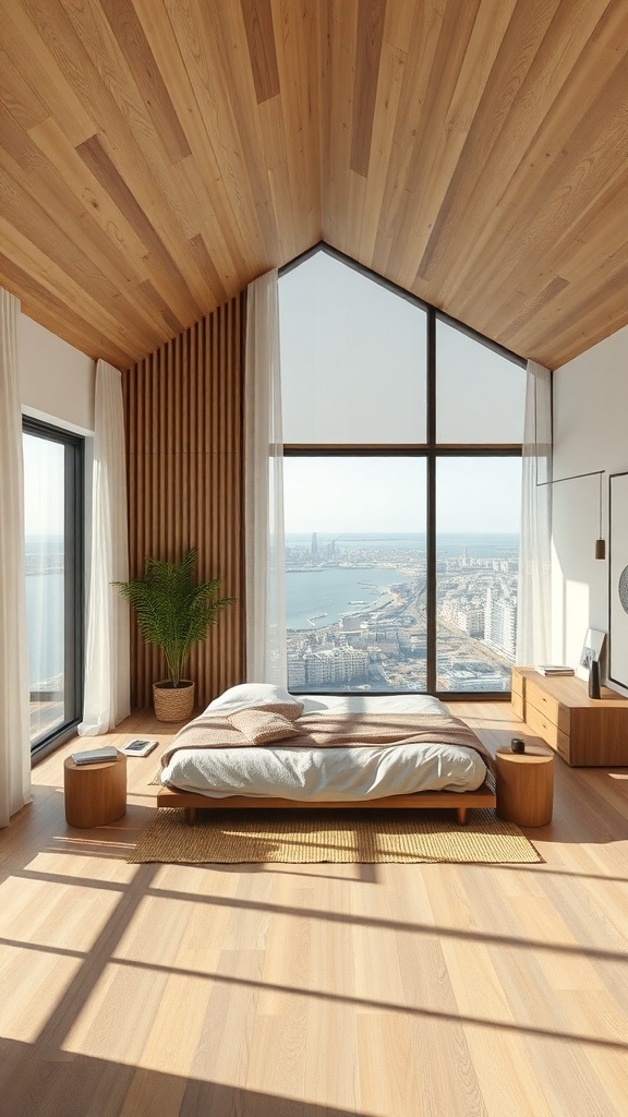 Ein minimalistisches Schlafzimmer mit Holzboden, großen Fenstern und Pflanzen.
