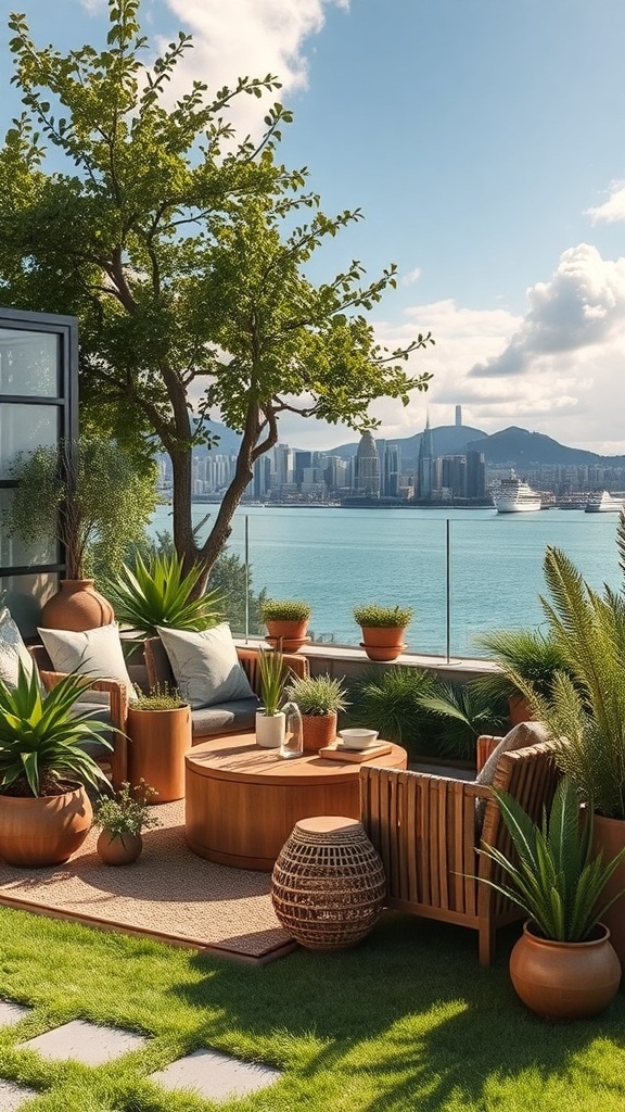 Eine stilvolle Terrasse mit nachhaltigen Gartenmöbeln aus recyceltem Material, umgeben von Pflanzen und mit Blick auf das Wasser.
