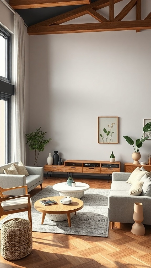 Ein stilvoller Raum mit nachhaltigen Holzmöbeln, hellen Sofas und einer runden Holzkaffee-Tisch.