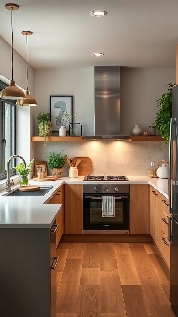 Moderne Küche mit Holzschränken, Pflanzen und energieeffizienten Geräten