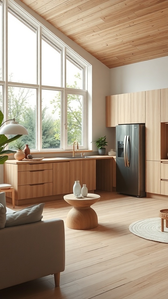 Moderne Küche mit Holzoberflächen und großen Fenstern