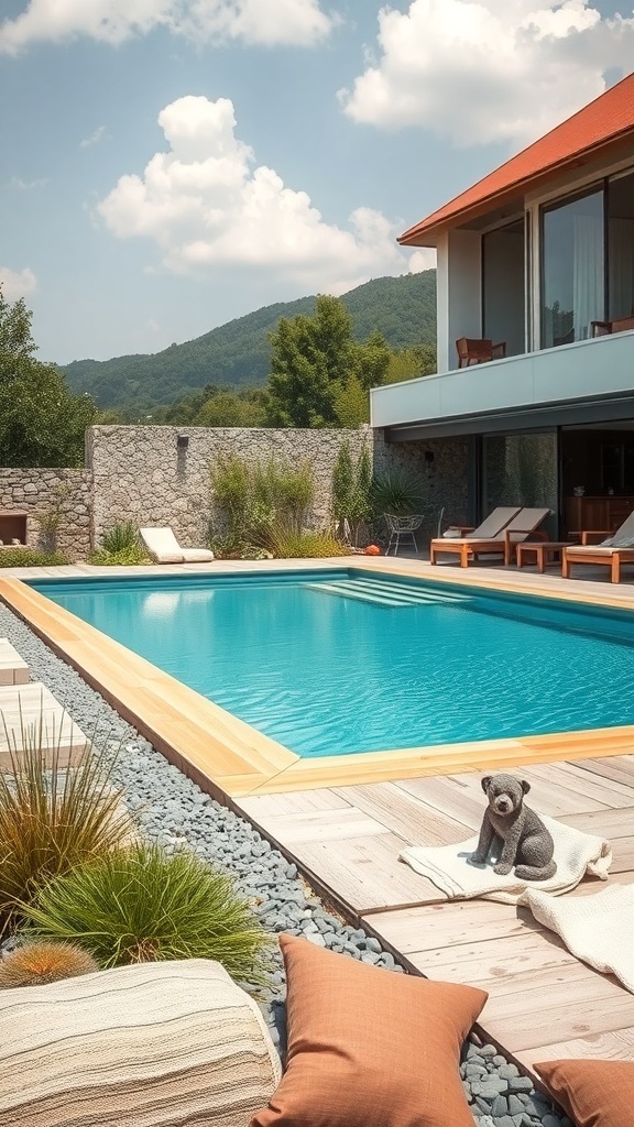 Ein moderner Naturpool mit Holzverkleidung und Steinen, umgeben von Pflanzen und einem gemütlichen Gartenbereich.