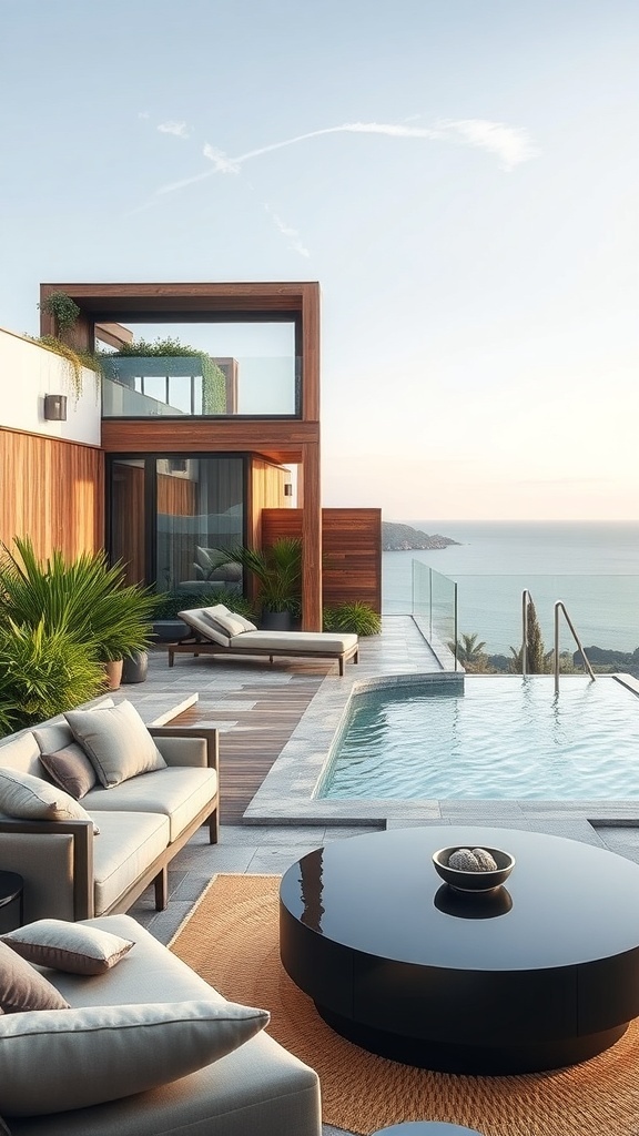 Moderne Dachterrasse mit Pool und stilvollen Möbeln, umgeben von Pflanzen.