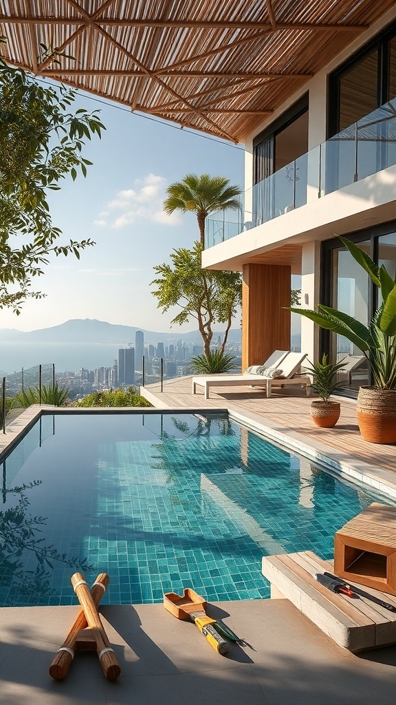 Ein moderner Pool mit nachhaltigen Materialien und einer schönen Aussicht auf die Stadt.