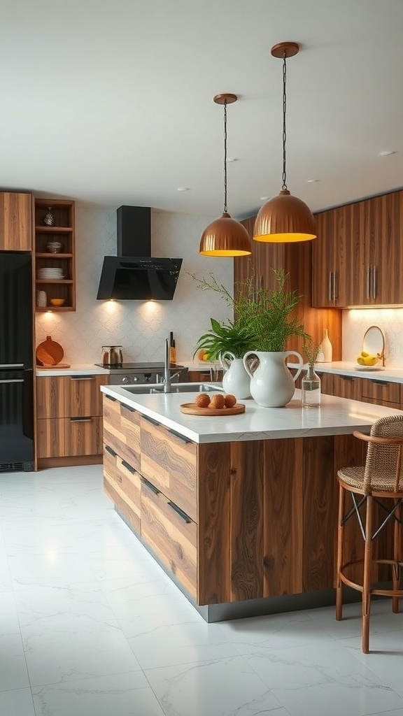 Moderne Kücheninsel mit Holz und Stein, Kupferlampen und Pflanzen