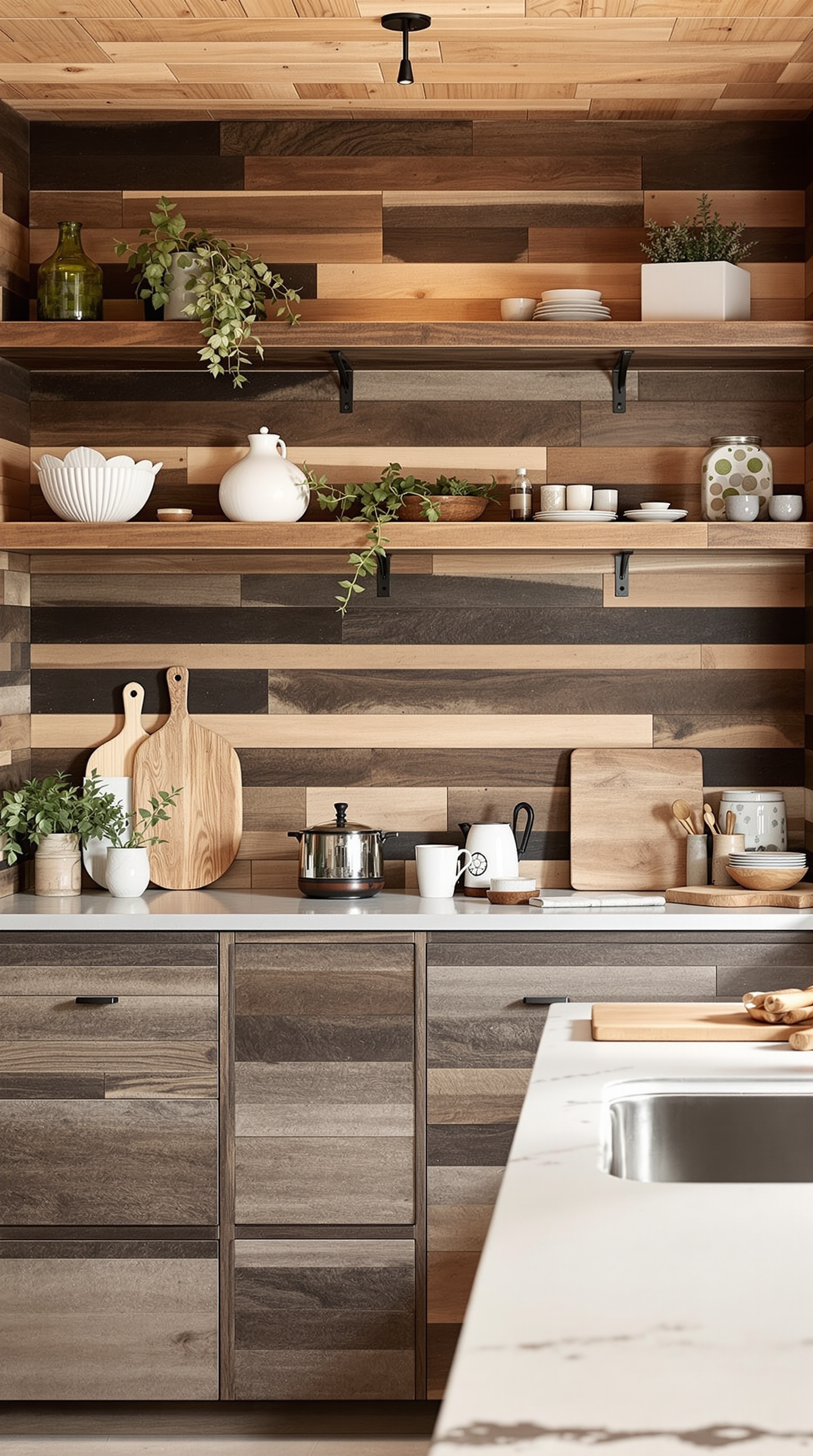 Moderne Küche mit Holzfronten, hellen Oberflächen und Pendelleuchten