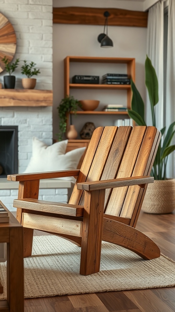 Eine gemütliche Sitzecke mit Holzstuhl und Beistelltischen, die aus nachhaltigem Holz gefertigt sind.