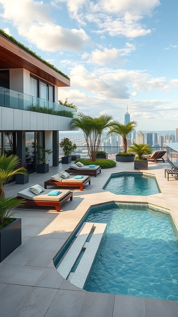 Luxuriöse Dachterrasse mit Pool und Liegen, umgeben von Pflanzen und einer beeindruckenden Aussicht auf die Stadt.