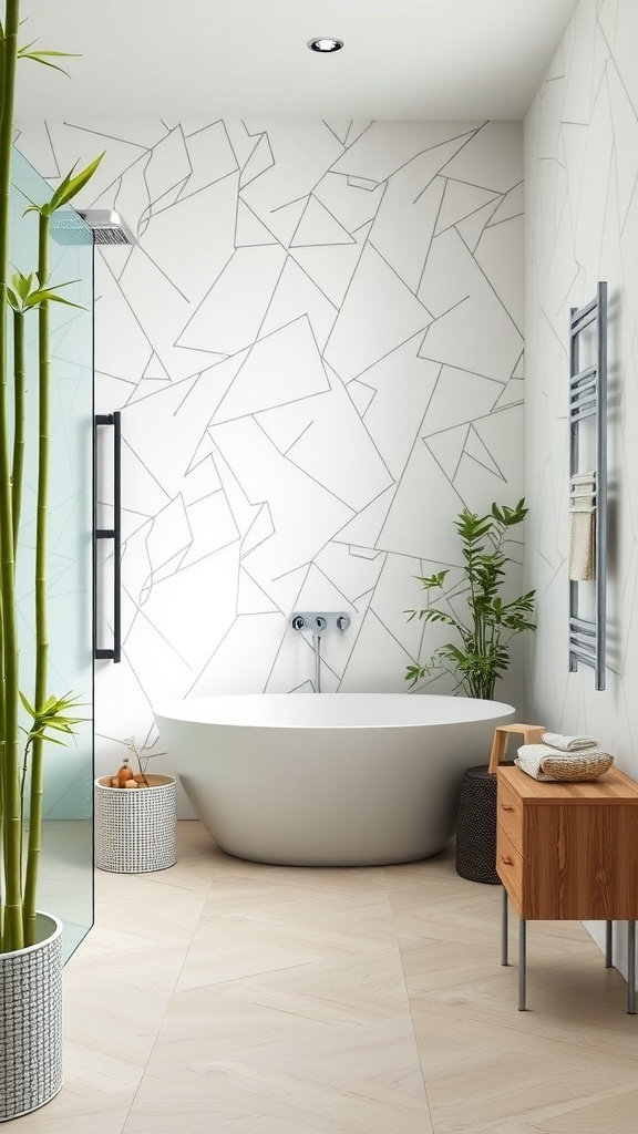 Modernes Badezimmer mit freistehender Badewanne, minimalistischen Wänden und Pflanzen