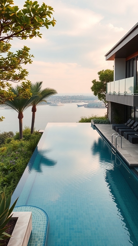 Ein luxuriöser Infinity-Pool mit Blick auf das Wasser und umgebender Vegetation