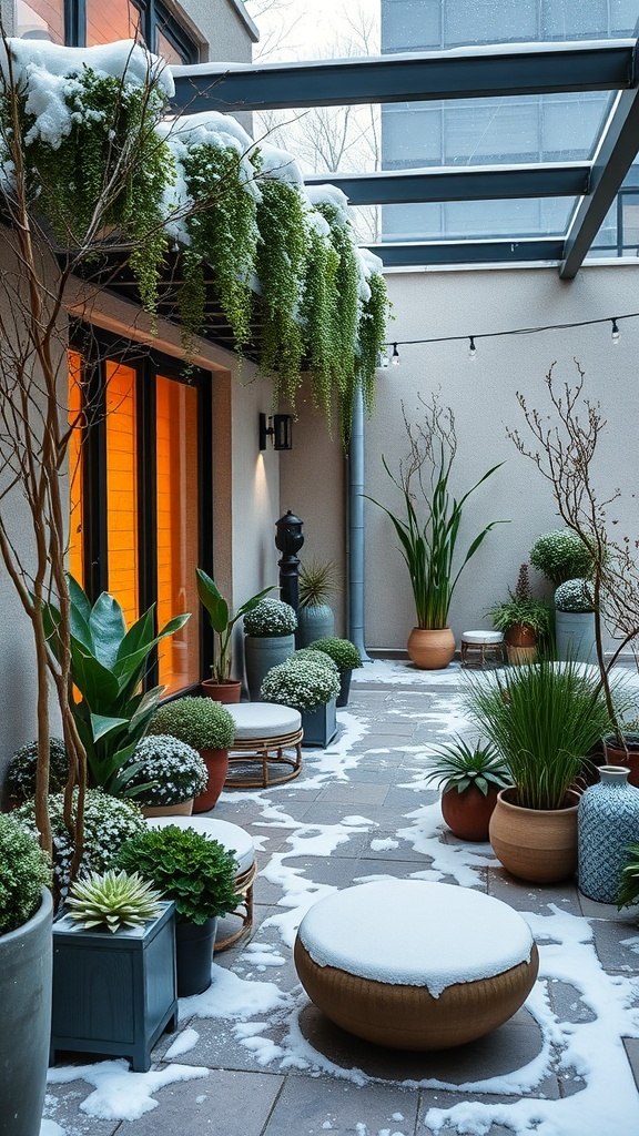 Moderner Wintergarten mit Pflanzen und gemütlichem Sitzbereich, der Nachhaltigkeit betont.