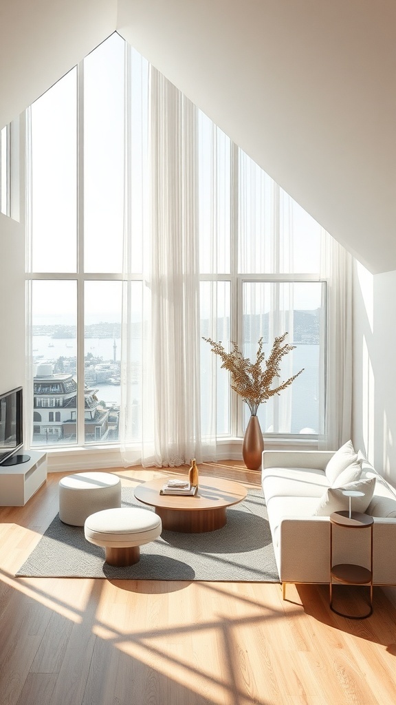 Minimalistischer Wohnraum mit großen Fenstern, Holz- und Stoffelementen