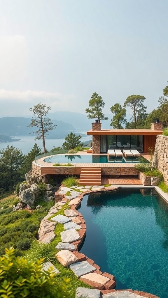 Ein moderner Naturpool mit Holzdeck und Steinplatten, umgeben von Bäumen und einer schönen Aussicht.