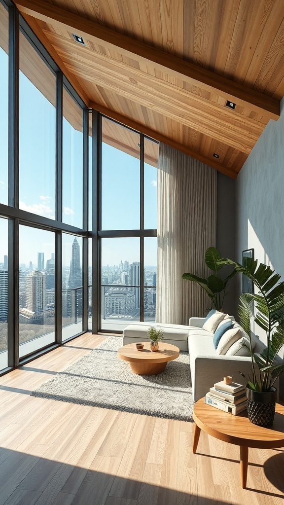 Moderne Wohnraum mit Holzdecke, großen Fenstern und stilvollen, nachhaltigen Möbeln.