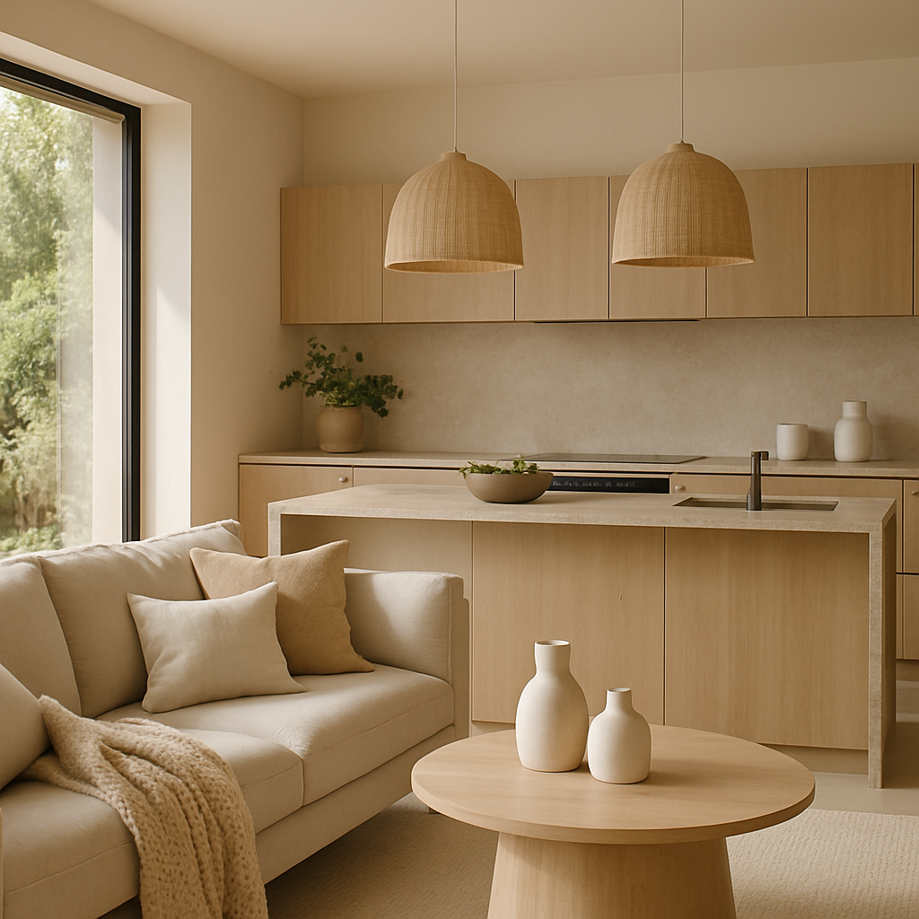 Helle, minimalistische Küche mit Holzoberflächen und großen Fenstern