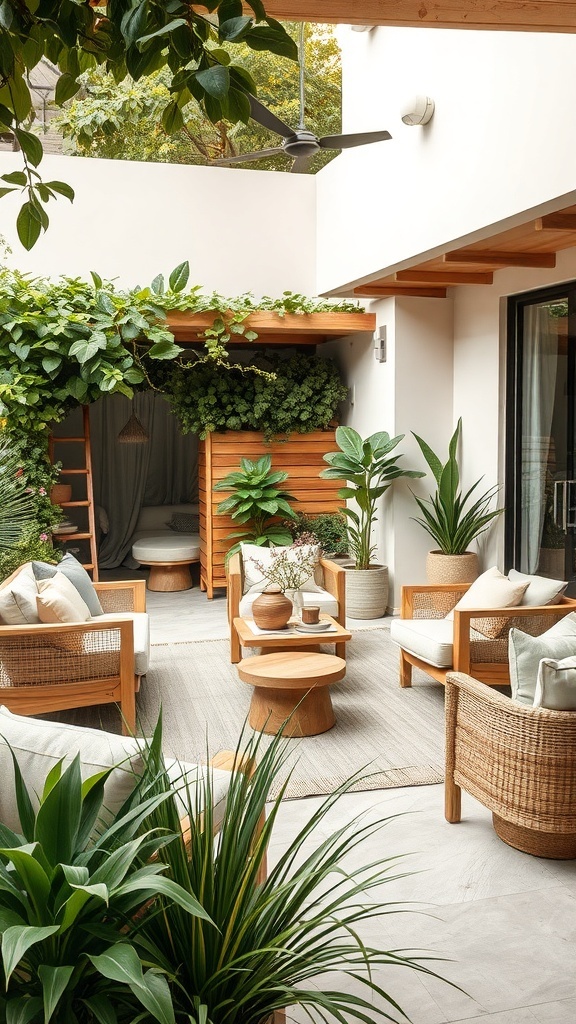 Nachhaltige Outdoor-Möbel in einem modernen Garten mit Pflanzen und Holzdetails.