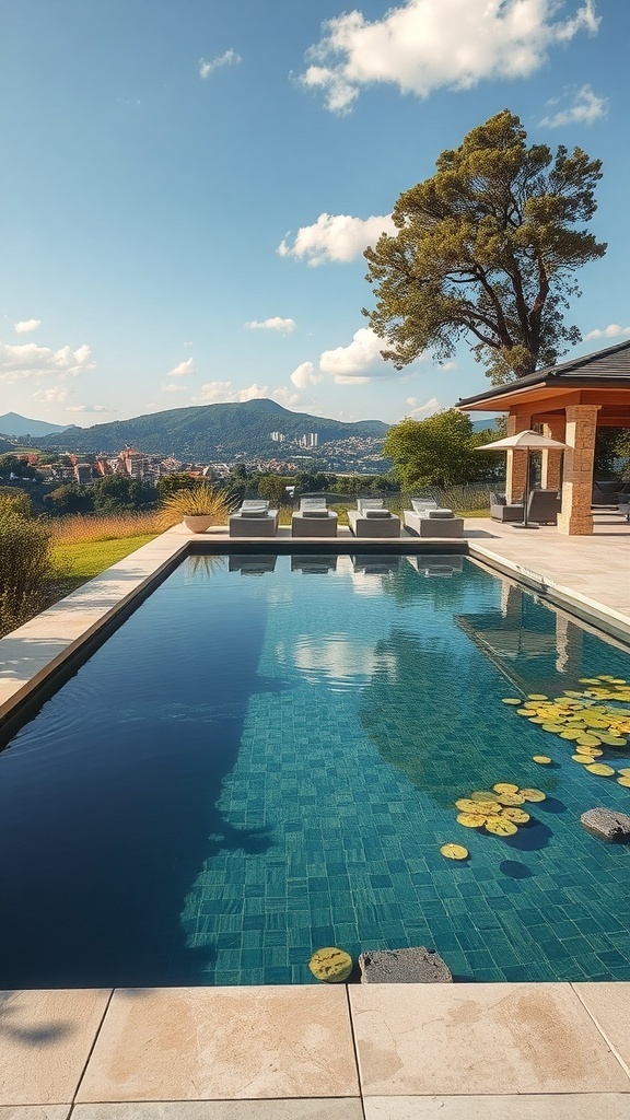 Ein moderner Naturpool mit Wasserlilien, umgeben von einer schönen Landschaft und einem klaren Himmel.