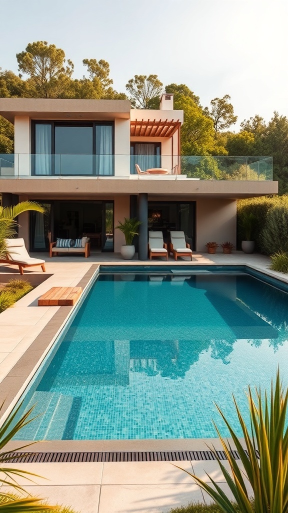 Ein moderner Pool in einem stilvollen Garten mit Pflanzen und einem modernen Haus im Hintergrund.