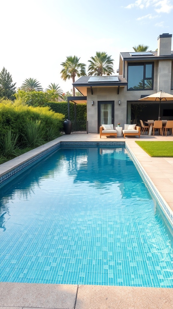 Ein moderner Pool mit Solarzellen auf dem Dach und umgeben von einem schönen Garten.