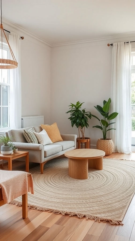 Modernes Wohnzimmer mit nachhaltigem Teppich aus Naturfasern, Pflanzen und gemütlichen Möbeln