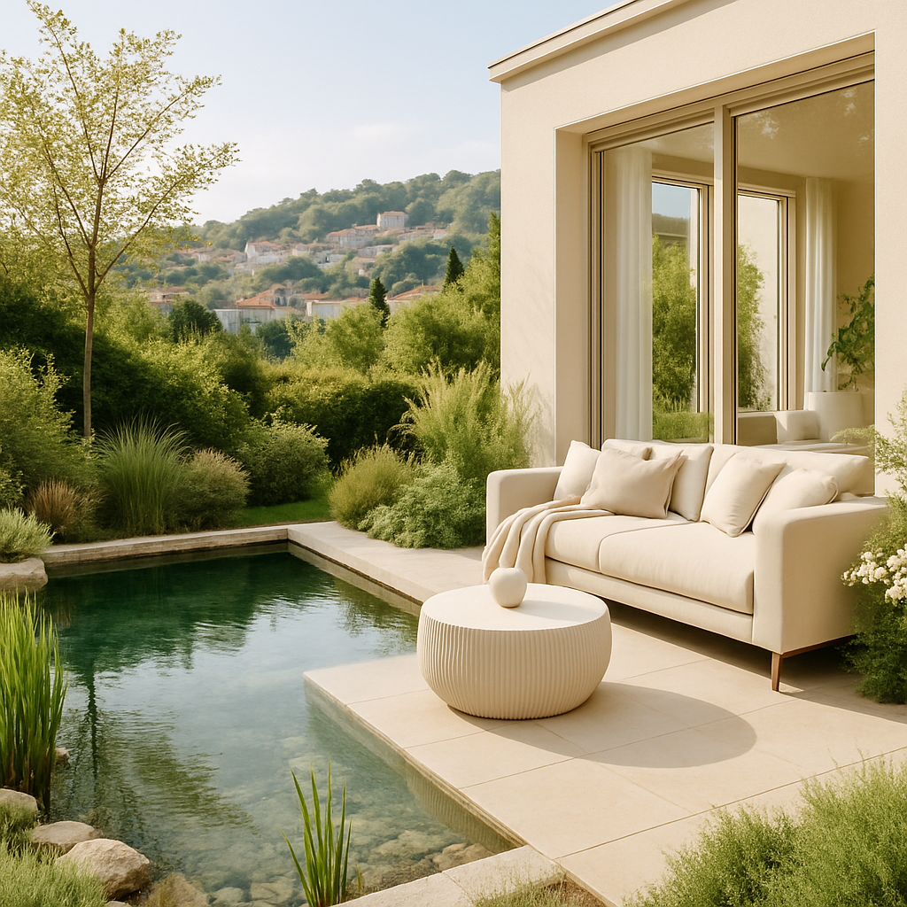 Ein moderner Naturpool mit klarem Wasser, umgeben von Pflanzen und einem gemütlichen Sofa.
