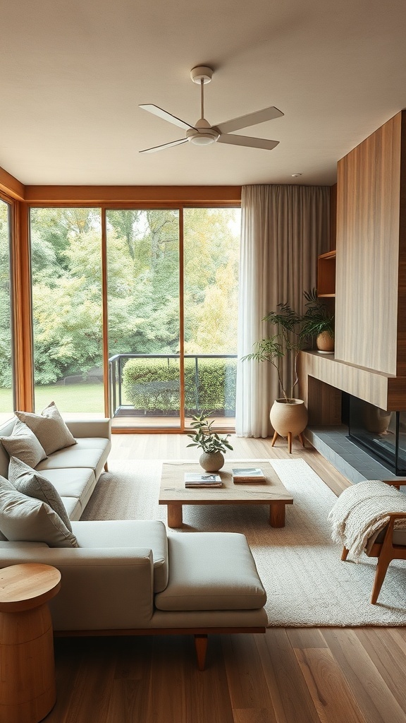 Modernes Wohnzimmer mit nachhaltigen Materialien und großen Fenstern, die auf eine grüne Landschaft blicken.