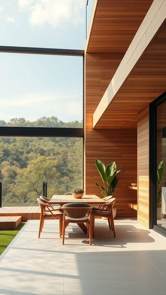 Ein minimalistischer Wohnraum mit Holzdecke, großen Fenstern und Pflanzen, der eine nachhaltige und moderne Atmosphäre vermittelt.