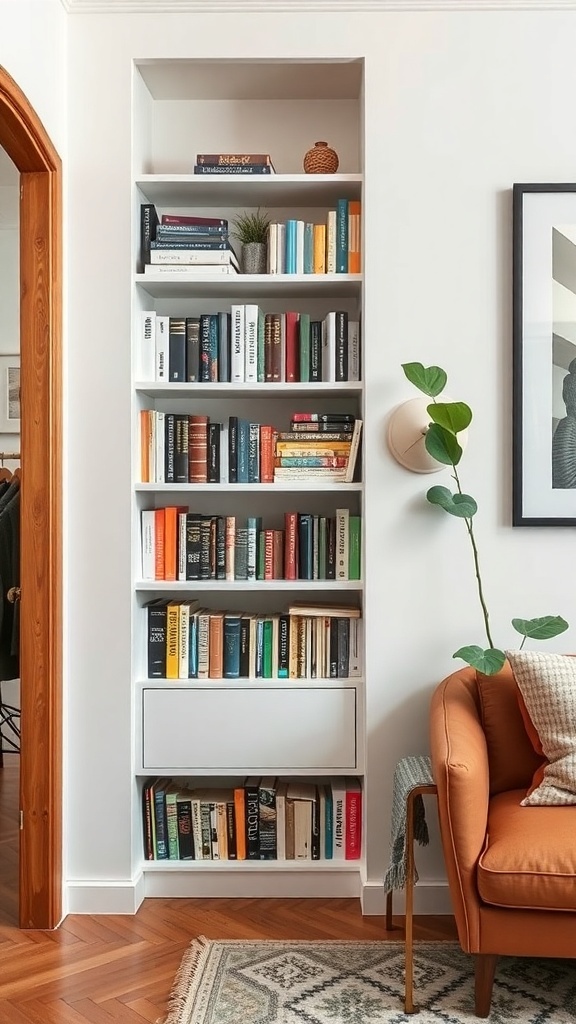 A narrow, built-in bookshelf filled with books and a small plant, next to a cozy orange chair.