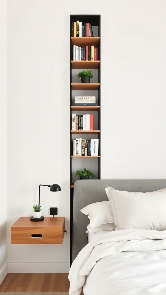 A narrow bookshelf against a wall in a bedroom, showcasing books and plants, with a bedside table beside it.
