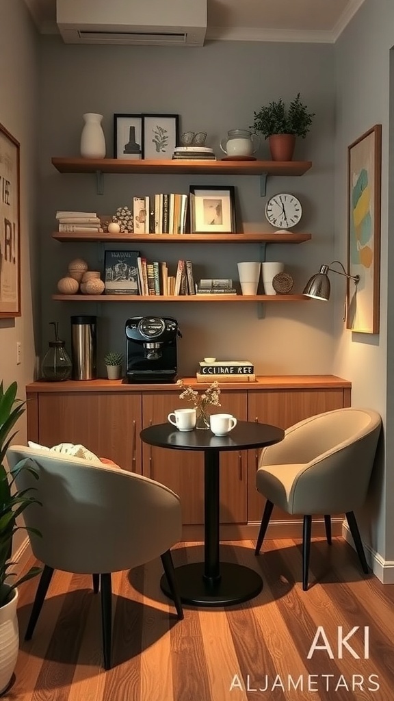 A narrow coffee nook featuring a small table, two chairs, and shelves with decorative items.