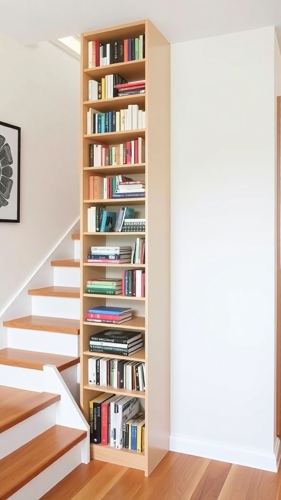 Narrow vertical bookshelf placed beside a staircase, filled with various books.
