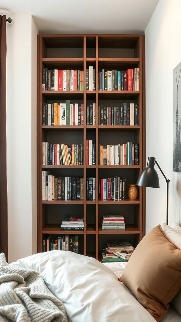A narrow vertical bookshelf filled with books, positioned next to a bed with a cozy blanket and decorative pillows.
