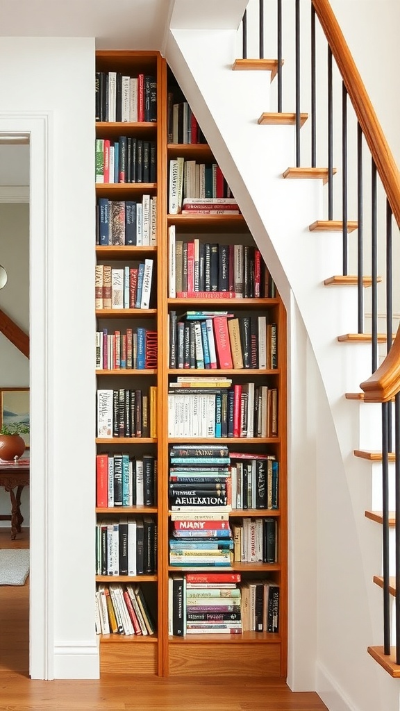 Narrow vertical bookshelf beside stairs filled with various books.