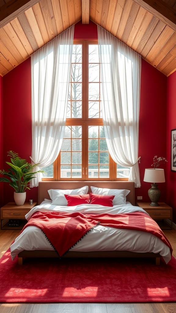 Schlafzimmer mit kirschroten Wänden, Holzdecke, großen Fenstern und Pflanzen