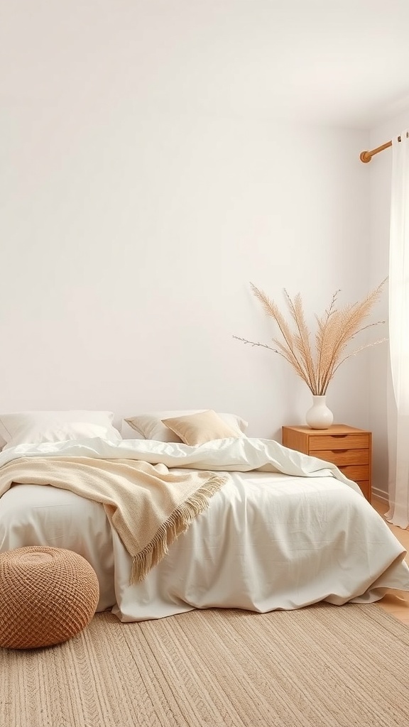 Ein stilvolles Schlafzimmer mit natürlichen Farben und minimalistischer Einrichtung.