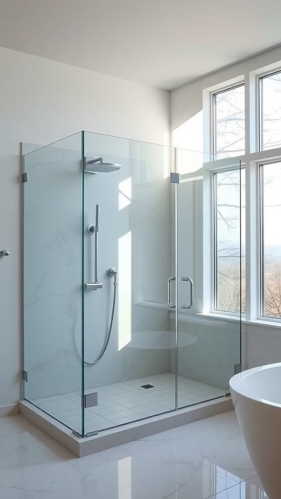 Moderne Walk-In-Dusche mit großen Fenstern für natürliches Licht