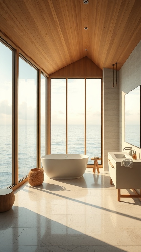 Modernes Badezimmer mit großen Fenstern und Blick auf das Wasser