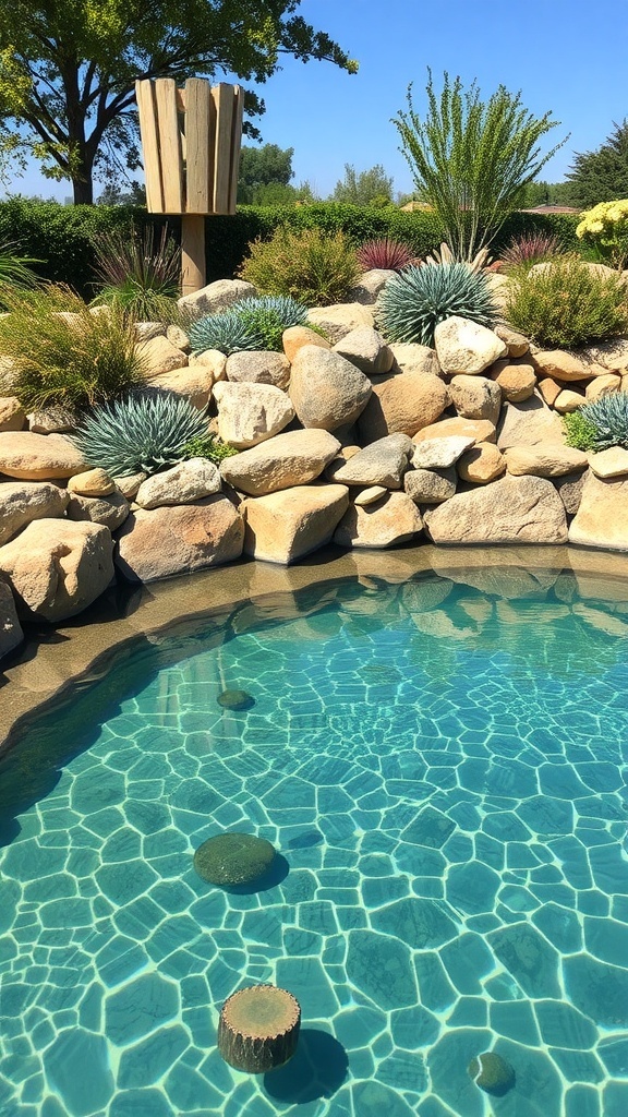 Ein moderner Naturpool mit Steinen und Pflanzen, umgeben von einer schönen Landschaft.