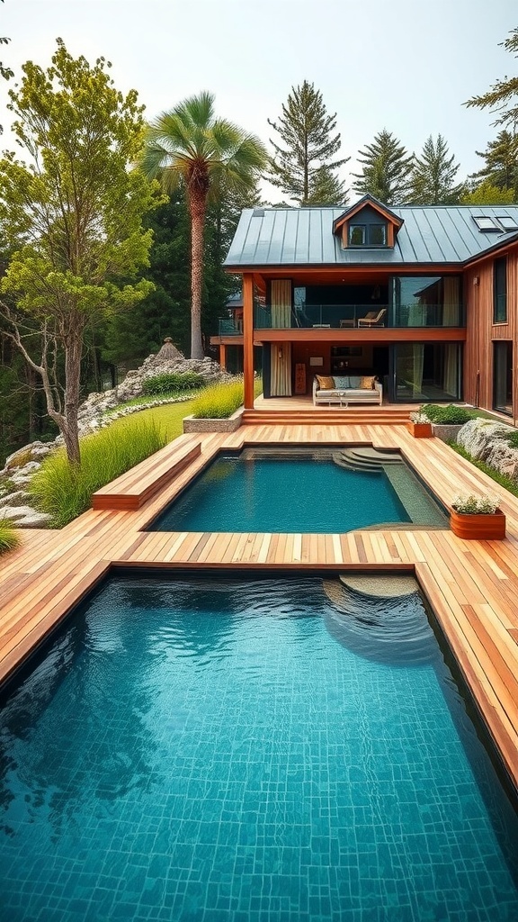 Ein moderner Naturpool mit Holzumrandung und umgebender Vegetation.