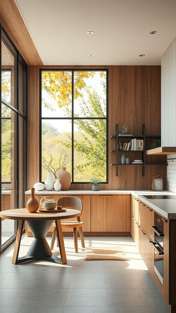 Moderne Küche mit Holzelementen und großen Fenstern, die auf eine herbstliche Landschaft blicken.