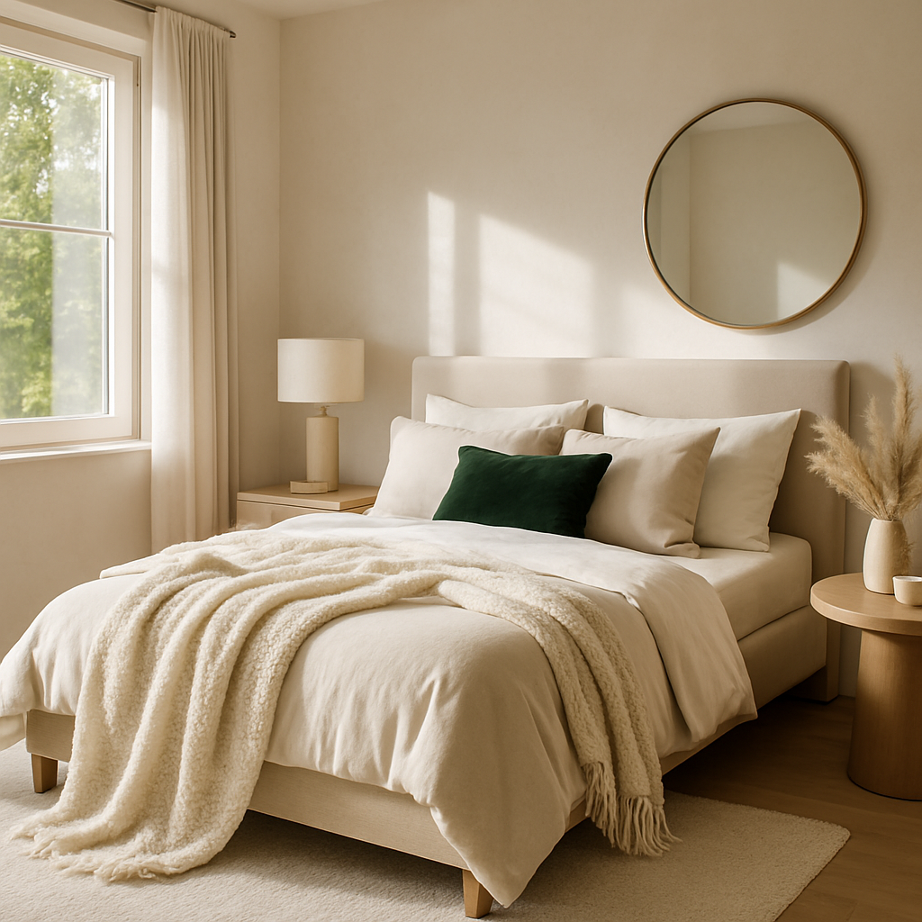 Ein modernes Schlafzimmer mit neutralen Farben, einem beigen Bett, Kissen und einem runden Spiegel.