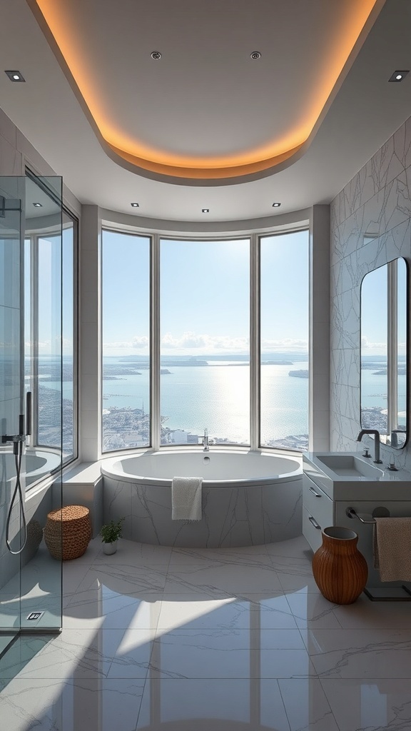 Modernes Badezimmer mit Holzverkleidung, großen Fenstern und runder Holzbadewanne