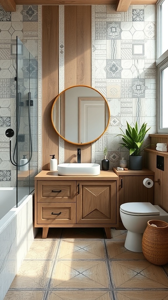 Modernes Zen-Badezimmer mit freistehender Badewanne, großen Fenstern und natürlichen Materialien