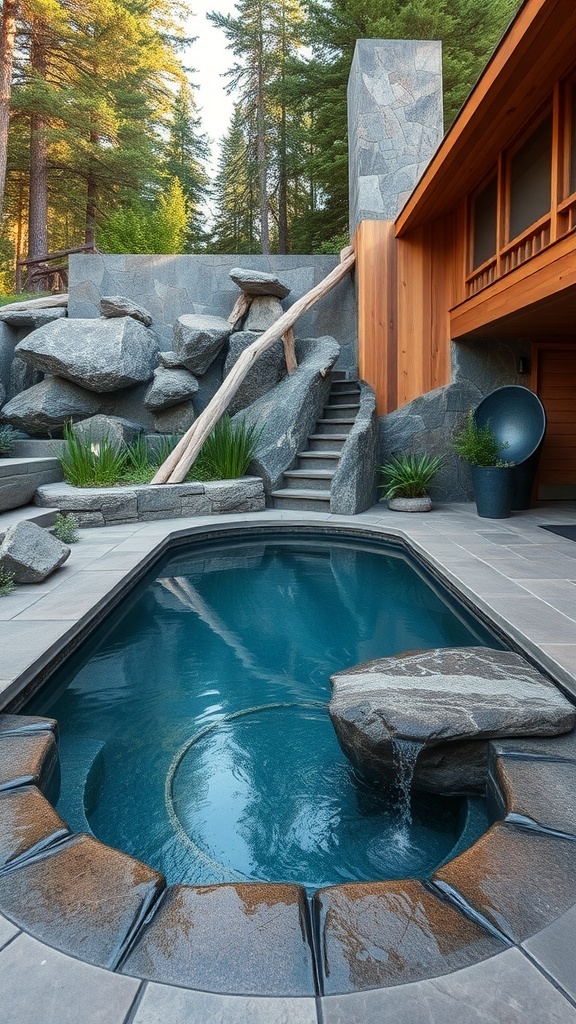 Ein luxuriöser Vitality Pool mit Holz- und Steinelementen, umgeben von Pflanzen und Blick auf das Meer.