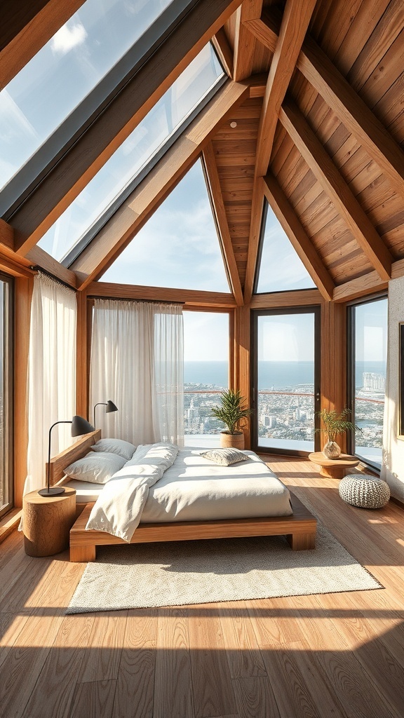Luxuriöses Schlafzimmer mit Holzkonstruktion, großen Fenstern und natürlichen Materialien